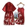 2 Pcs/Set Women Ice Silk Pajama Set Satin Printed V Neck Spaghetti Strap Loose Nightdress Half Sleeve Lace-up Waist Nightgown Lady Sleepwear