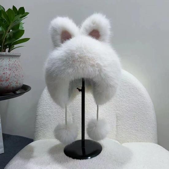 Winter Hat Faux Fur Ear Protective Cap Fox Ear Decor Soft Plush Lined Windproof Warm Winter Headwear