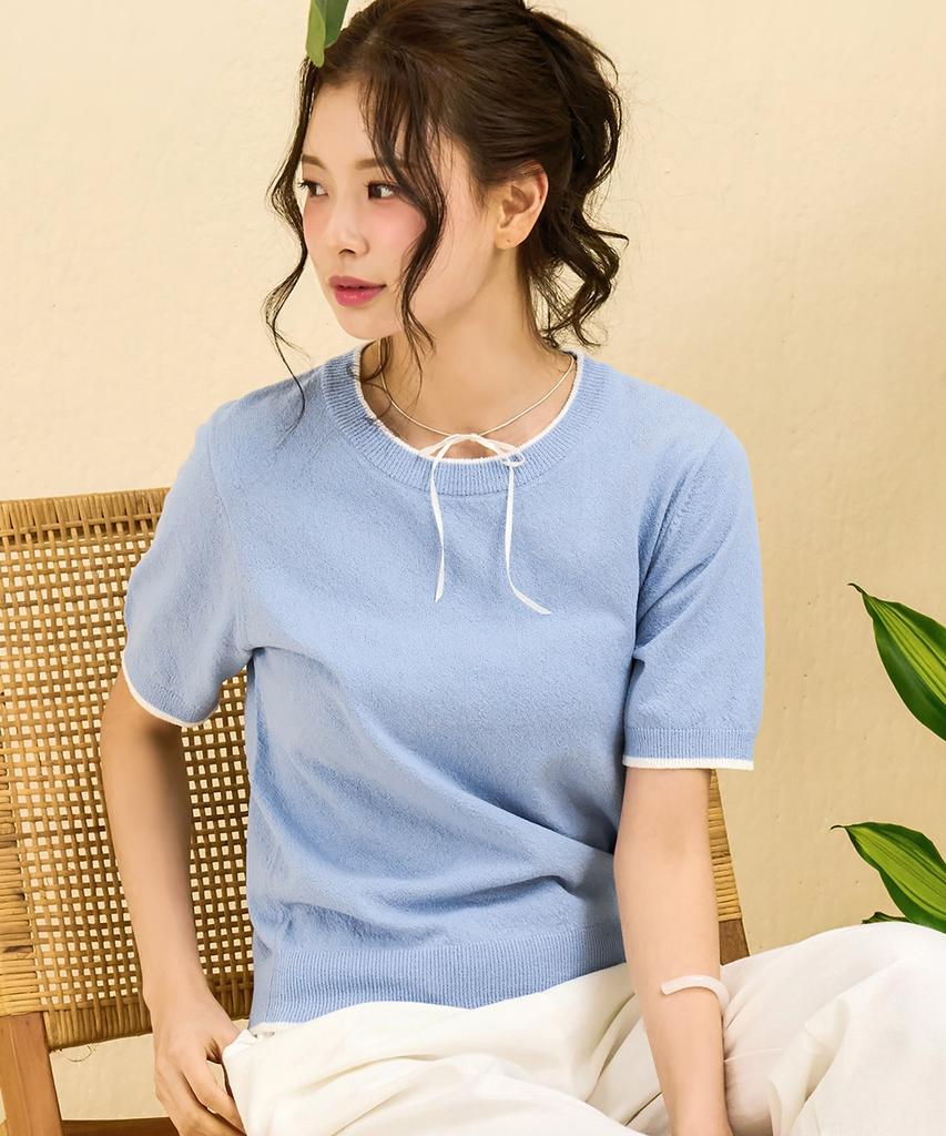 CHASECULT Women'S Crew Neck Contrast Tip Sweater - Sky Blue
