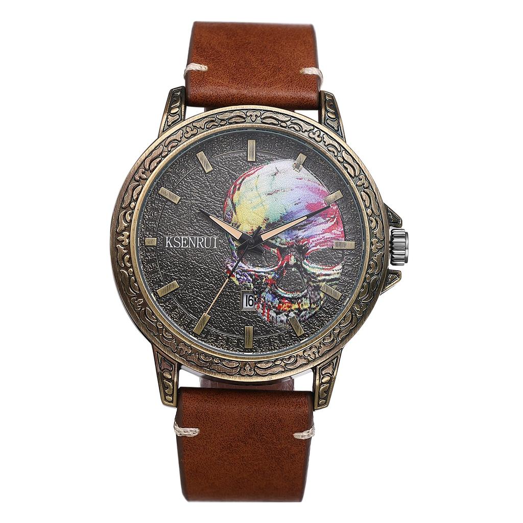 Часы из натуральной кожи с черепом, светящиеся аналоговые часы-скелетоны с кожаным ремешком, черно-коричневые кварцевые часы, модные часы на день рождения, подарок на Рождество