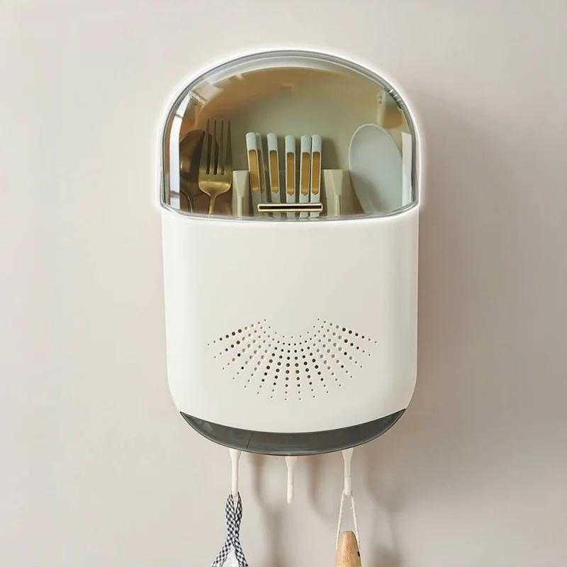 Wall-Mounted Dustproof Chopstick Holder Multi-functional Cutlery Holder Kitchen Knife Fork Spoon Container with Lid for Drainage