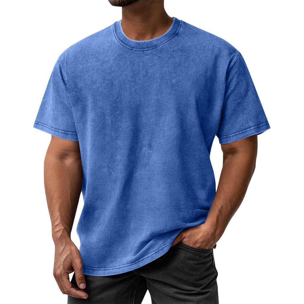 Men's Summer Retro Washed Round Neck Distressed Top Loose Short-sleeved T-shirt