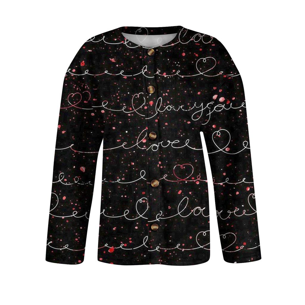 Women's Fashion Printed Valentine's Day Long Sleeved Knitted Cardigan Button Down Jacket