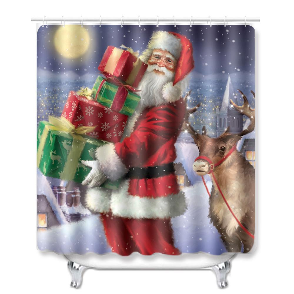 Christmas Shower Curtain Floor Mat Combination Four-Piece Set Bathroom Toilet Carpet Shower Room Mat Foot Mat