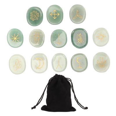 13 шт. Символические рунические камни с тканевым мешочком Гравировка рунических камней для гадания Йога Медитация Зеленый