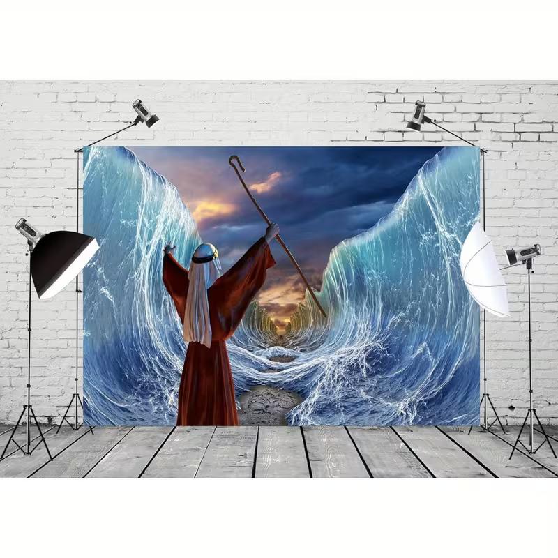 2D Biblical Moses Miracle Tapestry, Parting The Red Sea Blue Wave Scene Wall Hanging