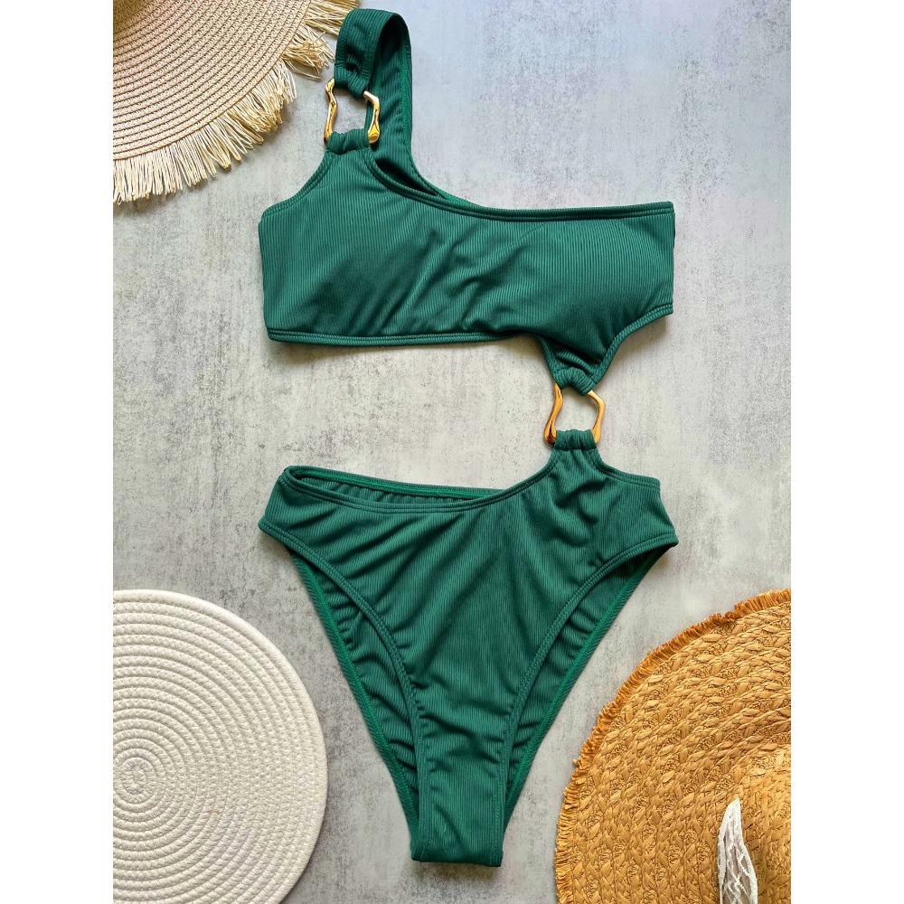 Women's One Piece Swimsuit Ring Cut Out Front High Cut Cheeky Bathing Suit Monokini Swimwear One Shoulder Ribbed Monokini