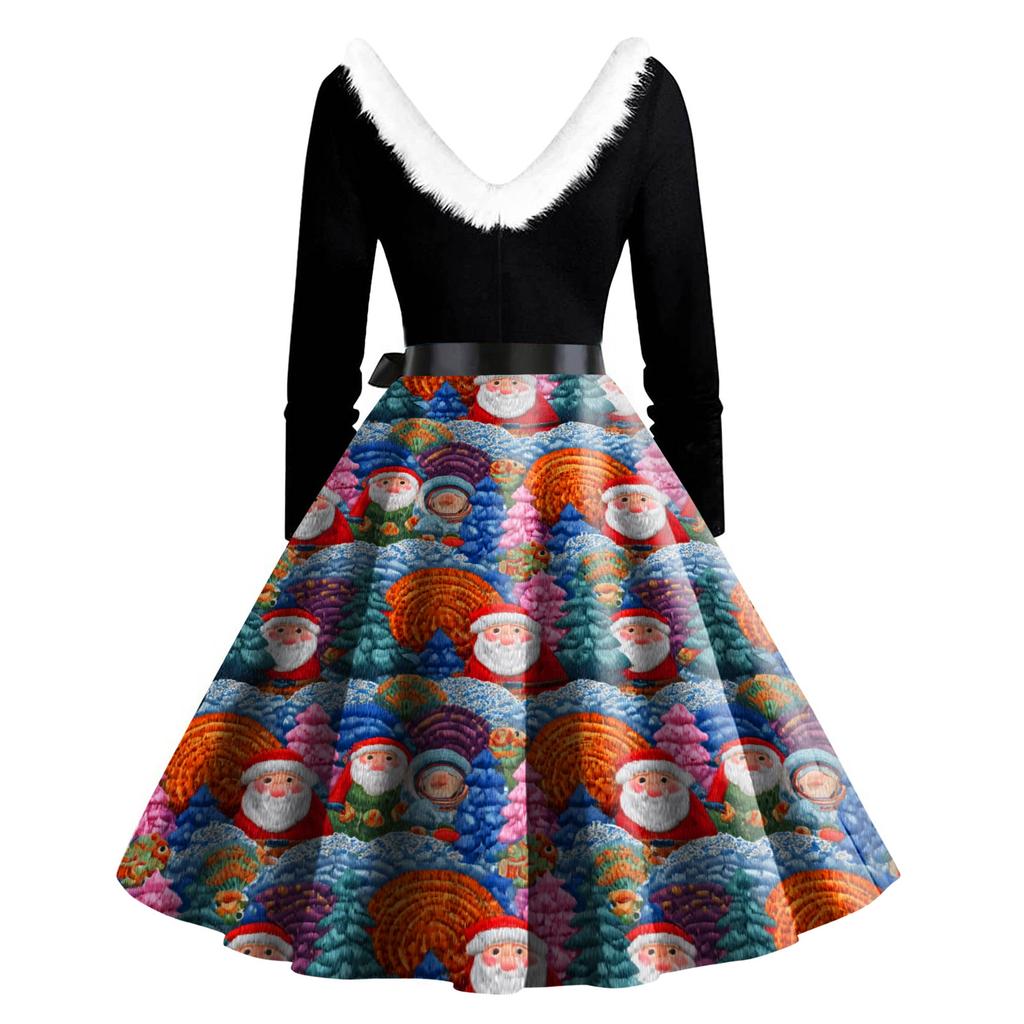 Women's Fashion Round Casual Slim Fit Christmas Print Large Swing Long Sleeve Dress