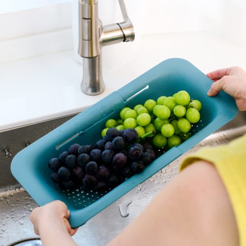 Blue Ginkgo Over-the-Sink Drainer Basket - Wash Vegetables and Fruits, Drain Boiled Pasta, and Dry Dishes - Expandable - A New Home Kitchen Essentials