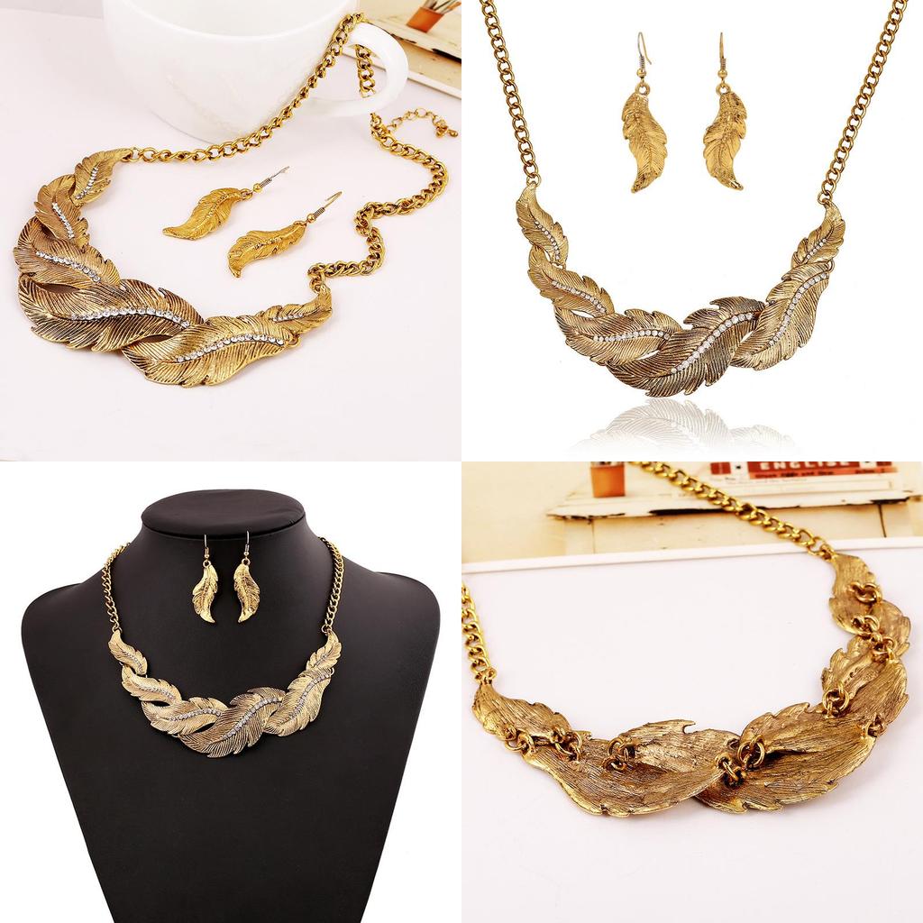 Fashion Rhinestone Decoration Feather Design Women Gold Necklace And Earring Set For Casual And Travel Scenes