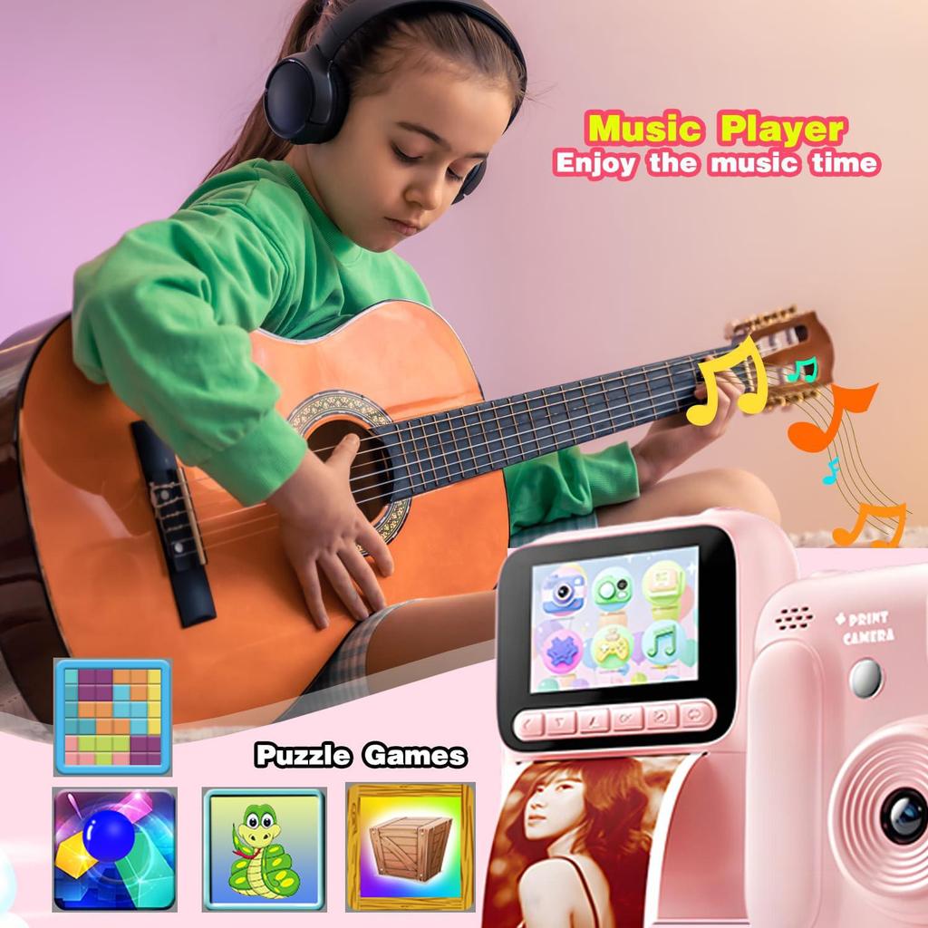 Детская моментальная камера Камера с цветной печатью 32 ГБ 1080P Термопечать Цифровая камера Печать фото Видеоигры Музыка Детский подарок