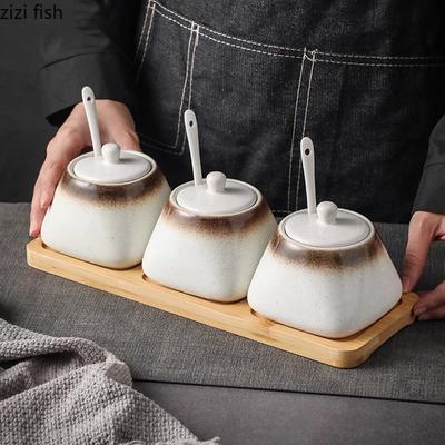 Винтажная керамическая банка для приправ с ложкой, банка для соли, банка для сахара, банки для перца, инструмент для хранения приправ, кухонный инструмент для приправ