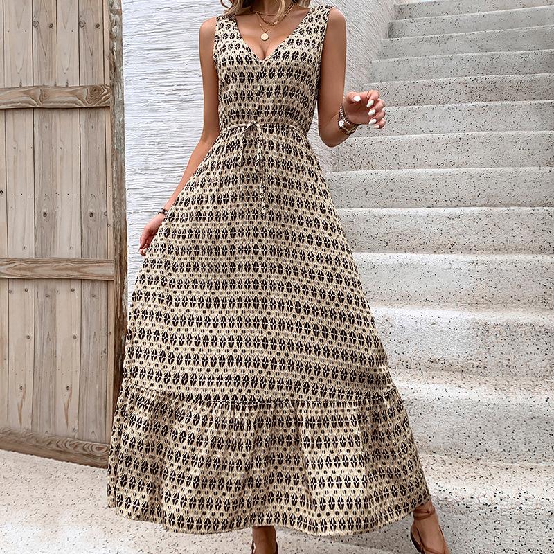 New Fashion Printed Daily Versatile Women'S Summer Loose And Casual Solid Color Cotton And Hemp Long Dress