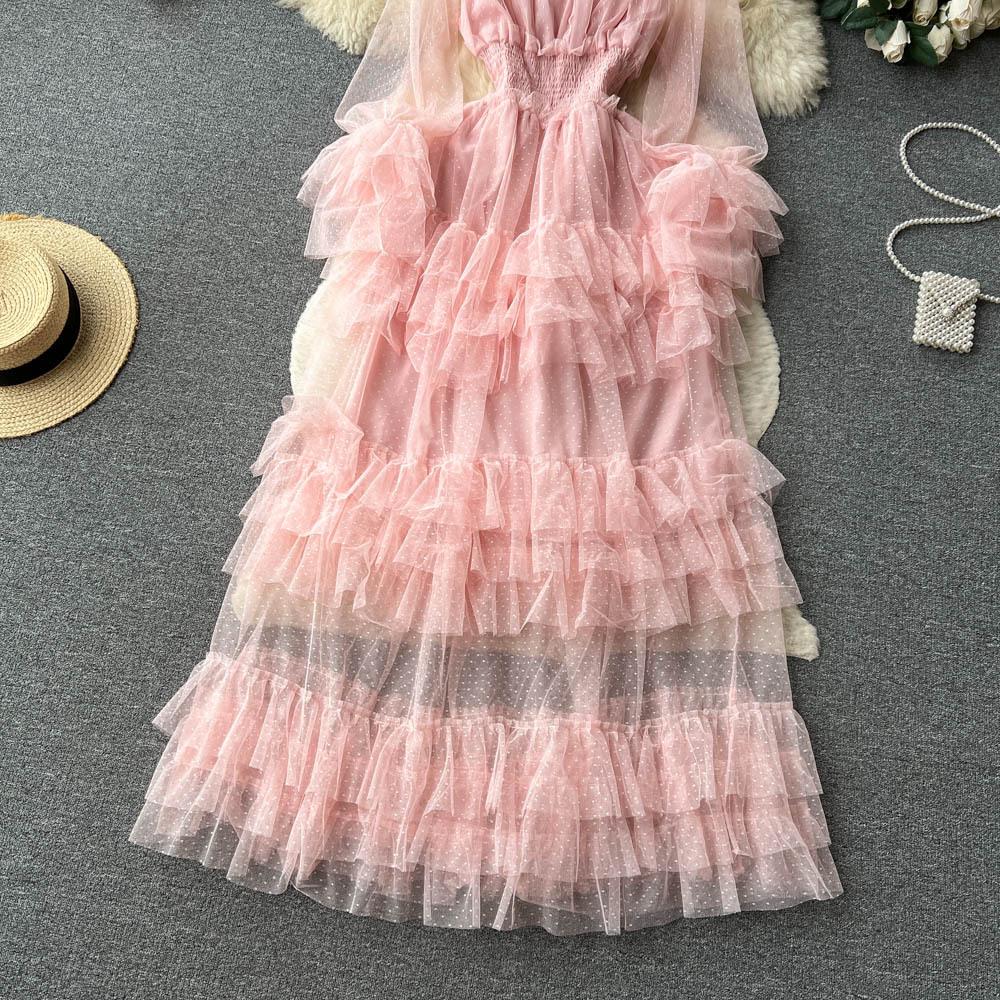 Платье-торт из сетки с французскими оборками, женское, с тонкой талией, темпераментное, на одно плечо, супер-сказочное длинное платье