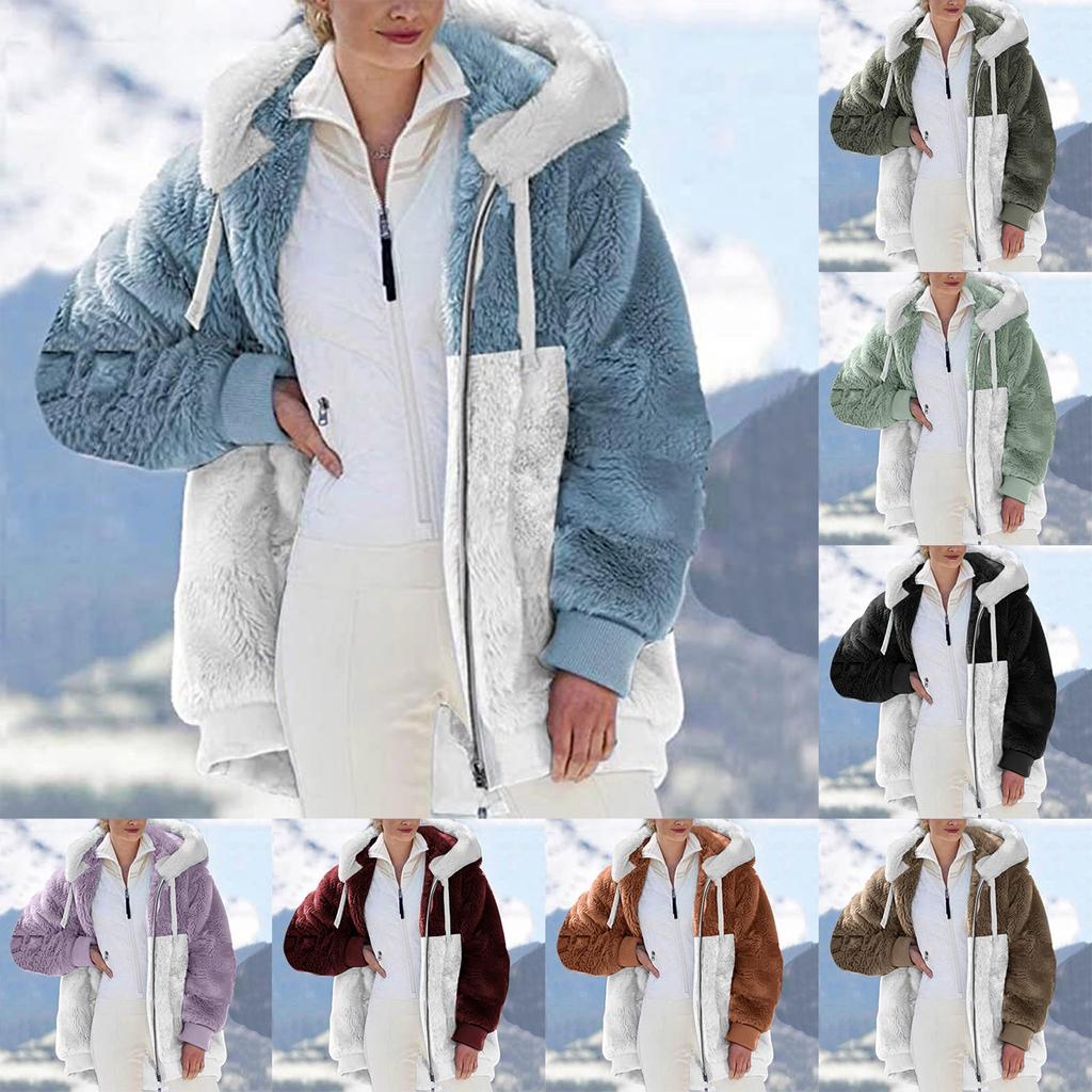 Women's Fashion Plush Zipper Long Sleeve Stitching Warm Sweater Tops Coat Winter