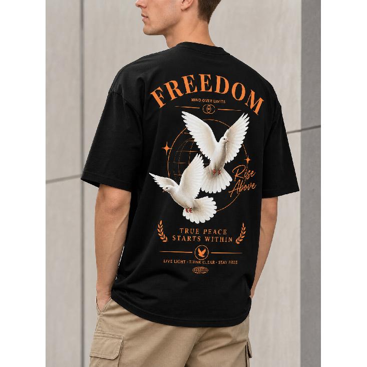 Men's oversized black graphic tee with white dove print, short sleeves, crew neck, soft cotton feel, motivational quote design, casual streetwear