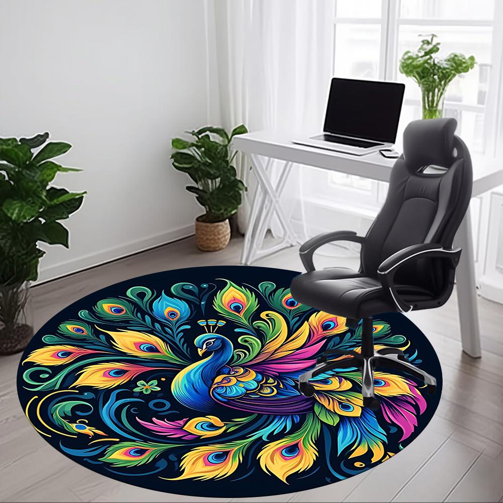 1PC Peacock Feather Design Office Round Rug, Non slip, Soft and Durable Office Rug for Interior Decoration, Perfect for Office