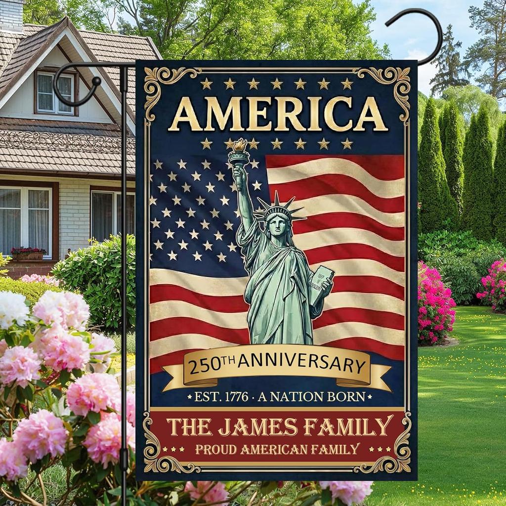 250 Anniversary Garden ag, Personalized 250th Anniversary USA 4th of July Garden ags, Custom Family Name 1776-2026 Comme AAS