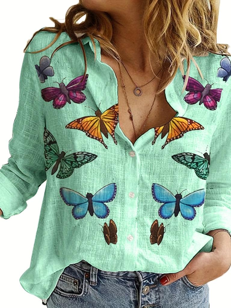 Fashion Retro Butterfly Group Print Long Sleeve Blouse Spring Spring Lapel Button Casual Blouse Ladies Home Shirt