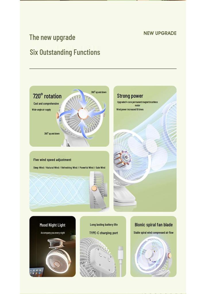 F70 Clip-On Fan with Night Light for Home, Dorm, and Outdoor Use