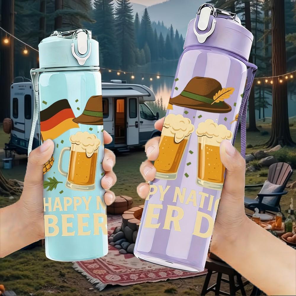 1PC Happy National Beer Day Beer Mug Print 750ml Color Plastic Sports Water Bottle Leakproof Flip Straw Lid Suitable for Sports Office Home Use