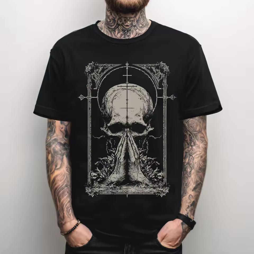 Praying Skull T-Shirt – Gothic Frame & Cross Graphic – Dark Faith Art Tee – Unisex Oversized Short Sleeve Top