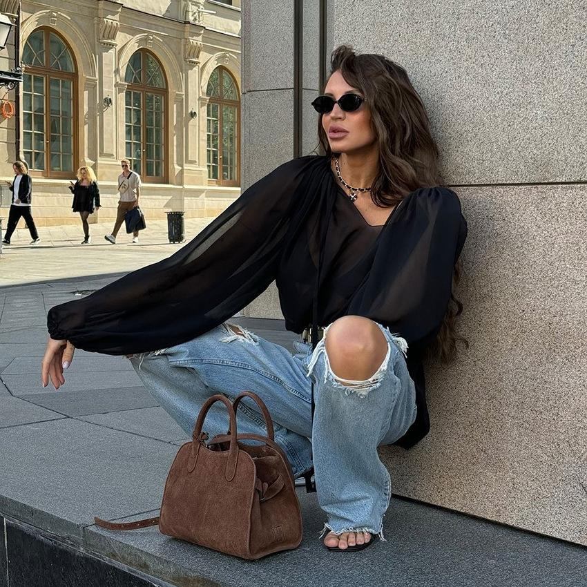 Женская одежда Design Sense Loose V Neck шнуровка рубашка осень зима новая женская сексуальная шифоновая однотонная рубашка темперамент