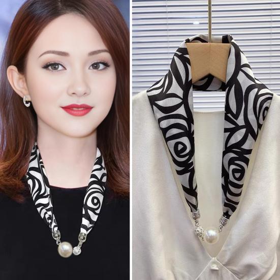 Women Chiffon Scarf Magnetic Buckle Bright Color Printing Necklace Style Decorative Thin Scarf Garment Accessories