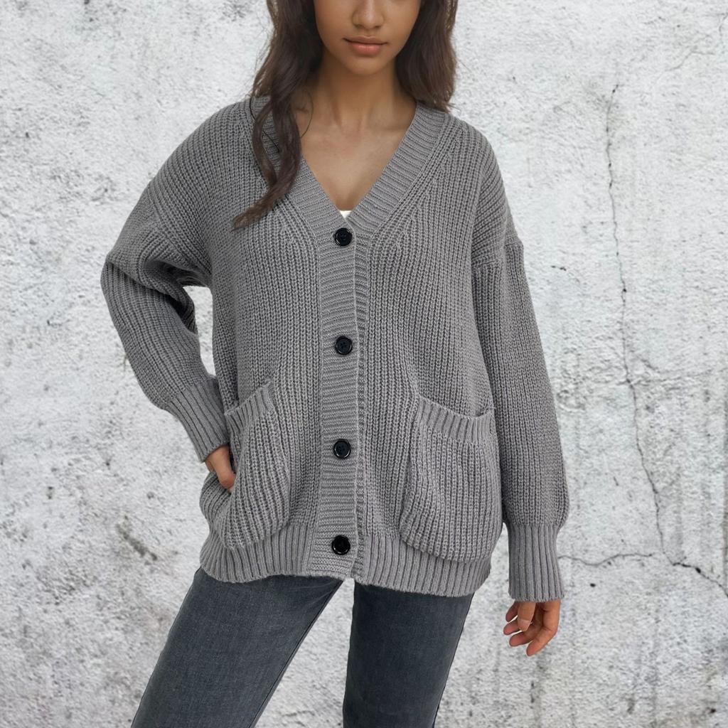Женская мода однотонный вязаный кардиган с карманами на пуговицах пальто свитер