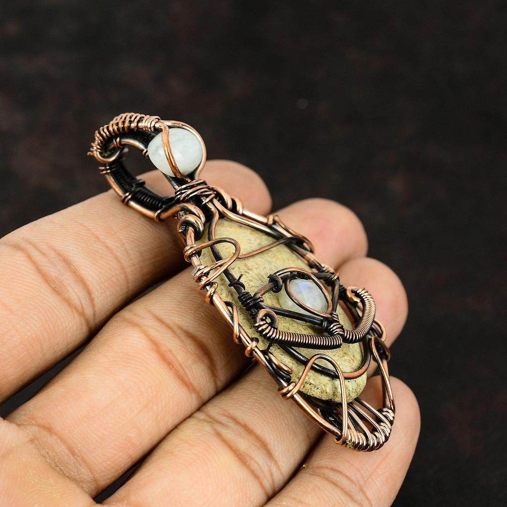 Дурной глаз ископаемый коралл драгоценный камень медная обертка ювелирные изделия ручной работы женский кулон лунный камень кулон от дурного глаза ювелирные изделия подарок для матери проволочные украшения