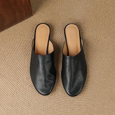 Мода 2025 Новые Натуральная Кожа Низкий Каблук Круглый Носок Шлепанцы Женские Натуральная Кожа Повседневные Шлепанцы Женские Повседневные Мюли Шлепанцы