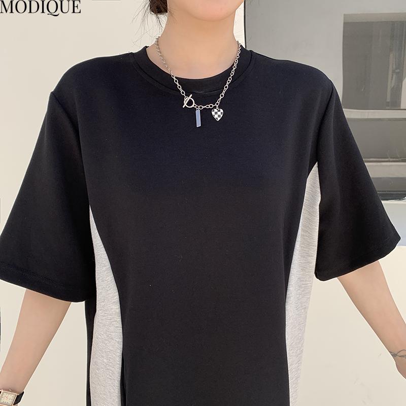 MODIQUE Лето Плюс Размер Новое Женское Свободное Повседневное Простое Стильное Пэчворк С Разрезом Длинное Платье Женское Платье С Коротким Рукавом О-Образным Вырезом