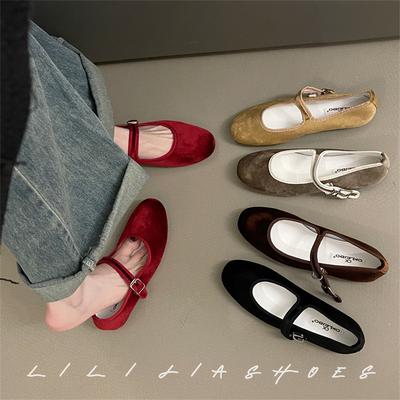 Модная женская обувь на плоской подошве для весны и осени 2025 года, бархатные туфли Мэри Джейн нового фасона с мелким вырезом и круглым носком, красные балетки