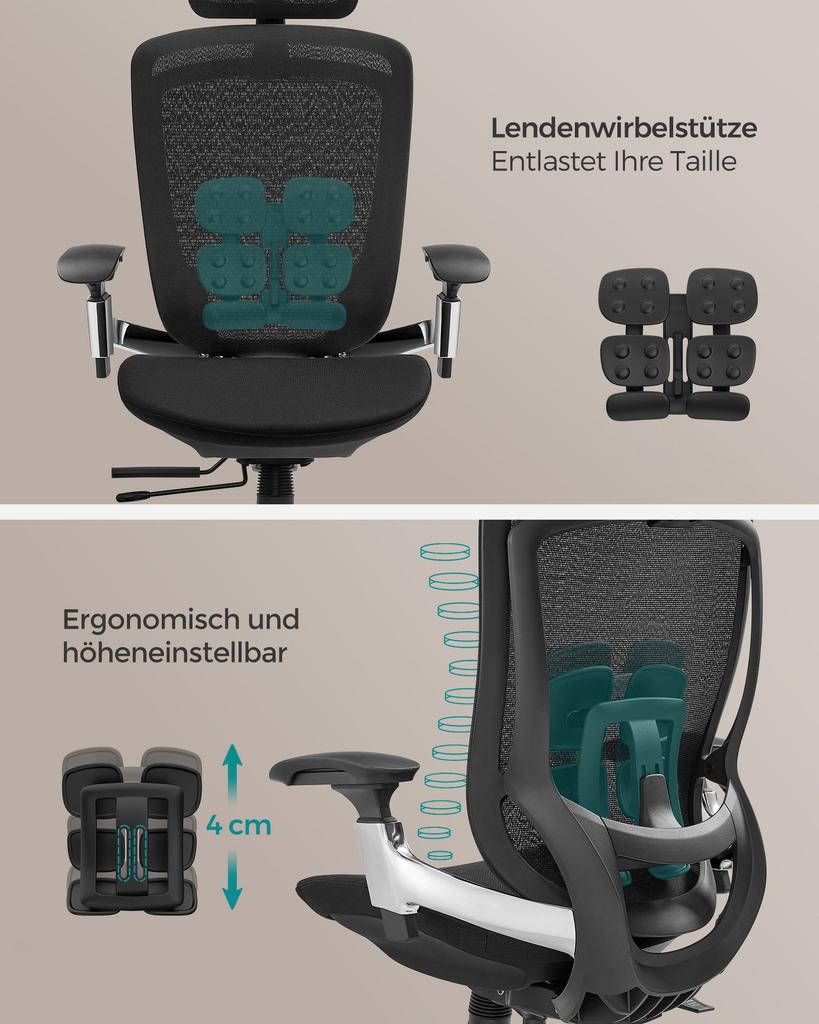 SONGMICS OBN068B01 Ergonomic Adjustable Reclining Office Desk Chair - Front or Back Adjustable Seat - Supports up to 150kg - Ink Black