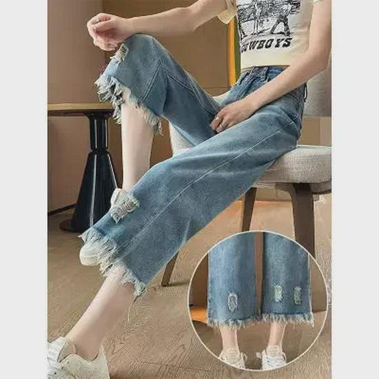 Женские рваные джинсы с высокой талией, весна/лето 2024 г.: Свободный, с кисточками, широкий, длина 9 точек