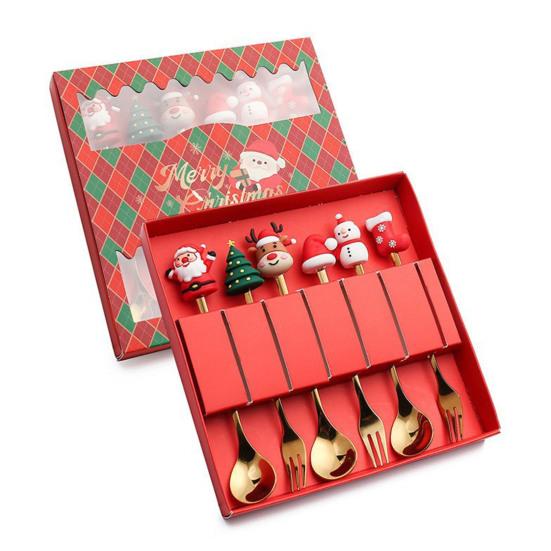 6Pcs/Set Stainless Steel Spoon Fork Set Santa Claus Snowman Deer Christmas Tree Hat Decor Tableware Holiday Party Supply