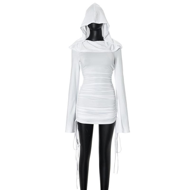 Женское осеннее однотонное короткое платье с длинным рукавом и капюшоном, утягивающее, плиссированное, с высокой талией