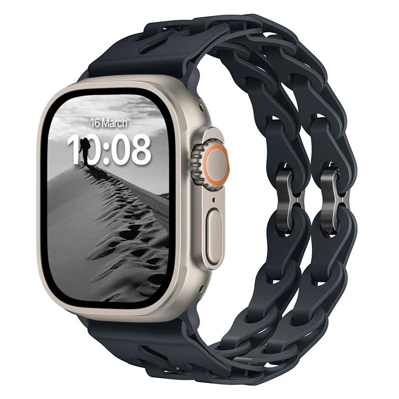 Силиконовый ремешок с двойной звеньевой цепью для Apple Watch Band Ultra 2 49мм 44мм 40мм 45мм 41мм 42мм Браслет для Series 9 8 7 6 5 4 SE 3