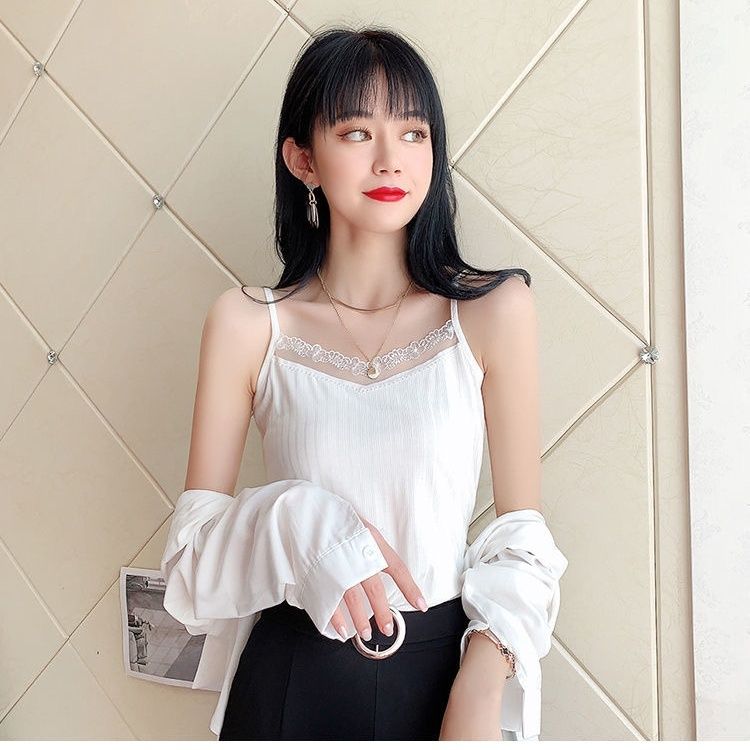 Threaded Tank Top Women Suspender Vest Female Lace Trim Sleeveless Top Elastic Bottom Shirt Casual Solid Color Top