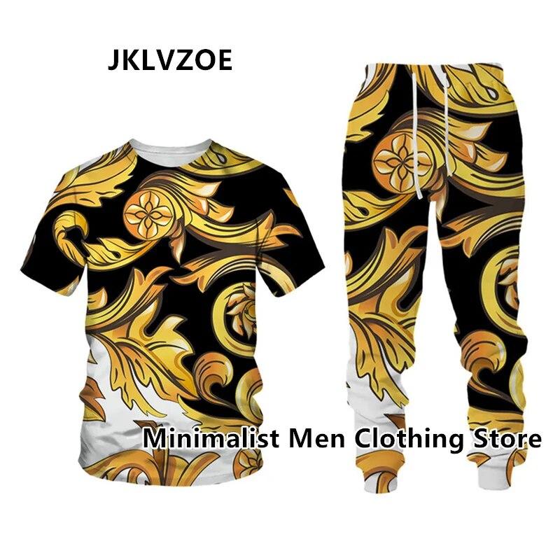 Мужской спортивный костюм, элитный бренд, футболка с коротким рукавом + длинные брюки, комплект из 2 предметов с золотистым 3D принтом, спортивная одежда для бега, повседневная уличная одежда