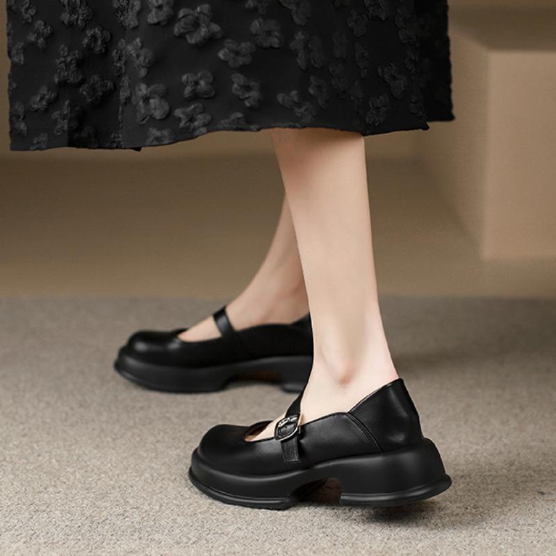 Туфли Женские 2025 Новые Мэри Джейн Женские Туфли на Высоком Каблуке Лаконичные Повседневные Лодочки Женские Однотонные с Ремешком и Пряжкой Круглый Носок Обувь на Платформе Женская