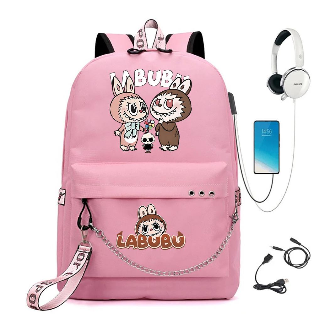 Labubu Printed Student Bag Iron Chain Trend Backpack Usb Bag