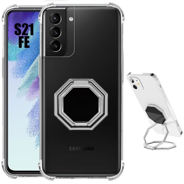 Coque de protection - BOOLING - pour Samsung Galaxy S21 FE - Silicone Transparent - Antichoc - Support Métal Octogonal