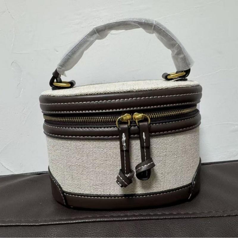 Fashion Canvas Color Blocked Handbag for Women High End Exquisite Round Barrel Single Shoulder Crossbody Bag Handheld Makeup Bag