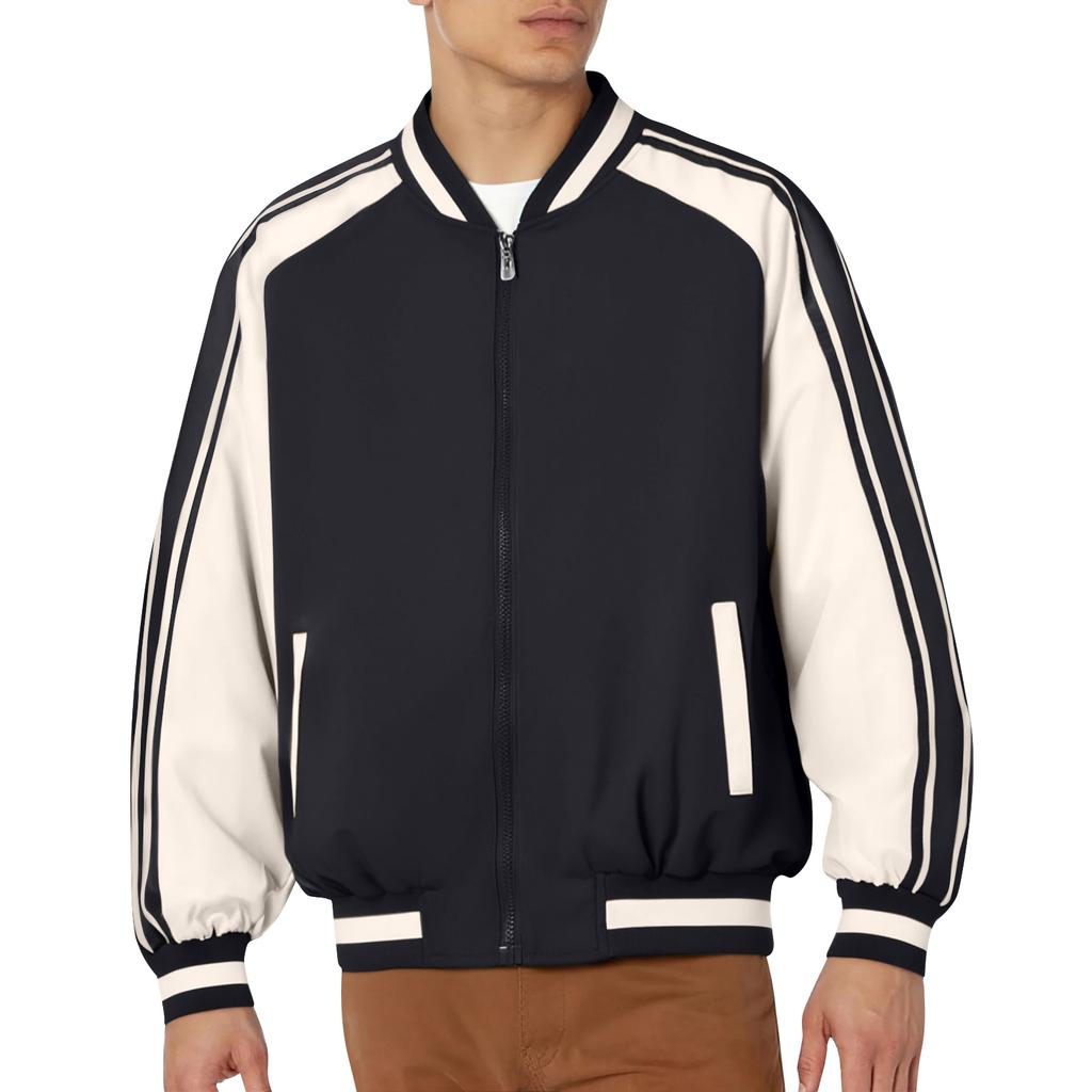 Men's Striped Baseball Collar Patchwork Long Sleeved Jacket