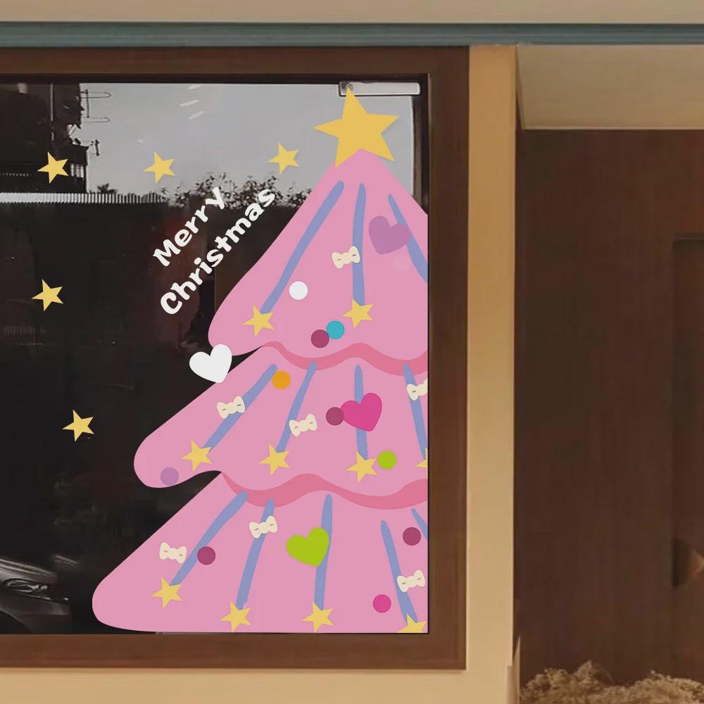 Розовые рождественские наклейки на окна 2025 года — дизайны снежинок и деревьев для стекла и дверей