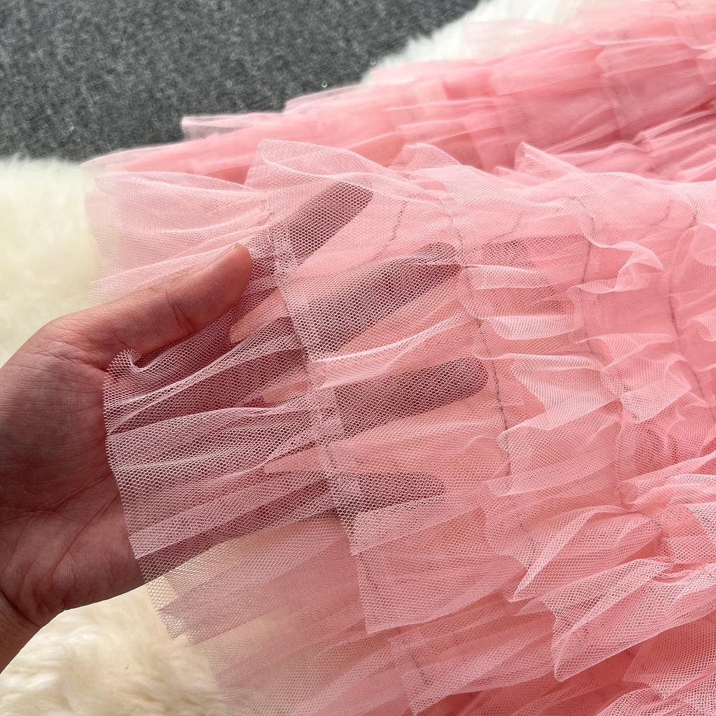 Nomikuma French Women Sweet Mesh Cake Dress Tie Up Waist Slimming Mid Length Elegant Long Cake Dresses 2024 Summer New Vestidos