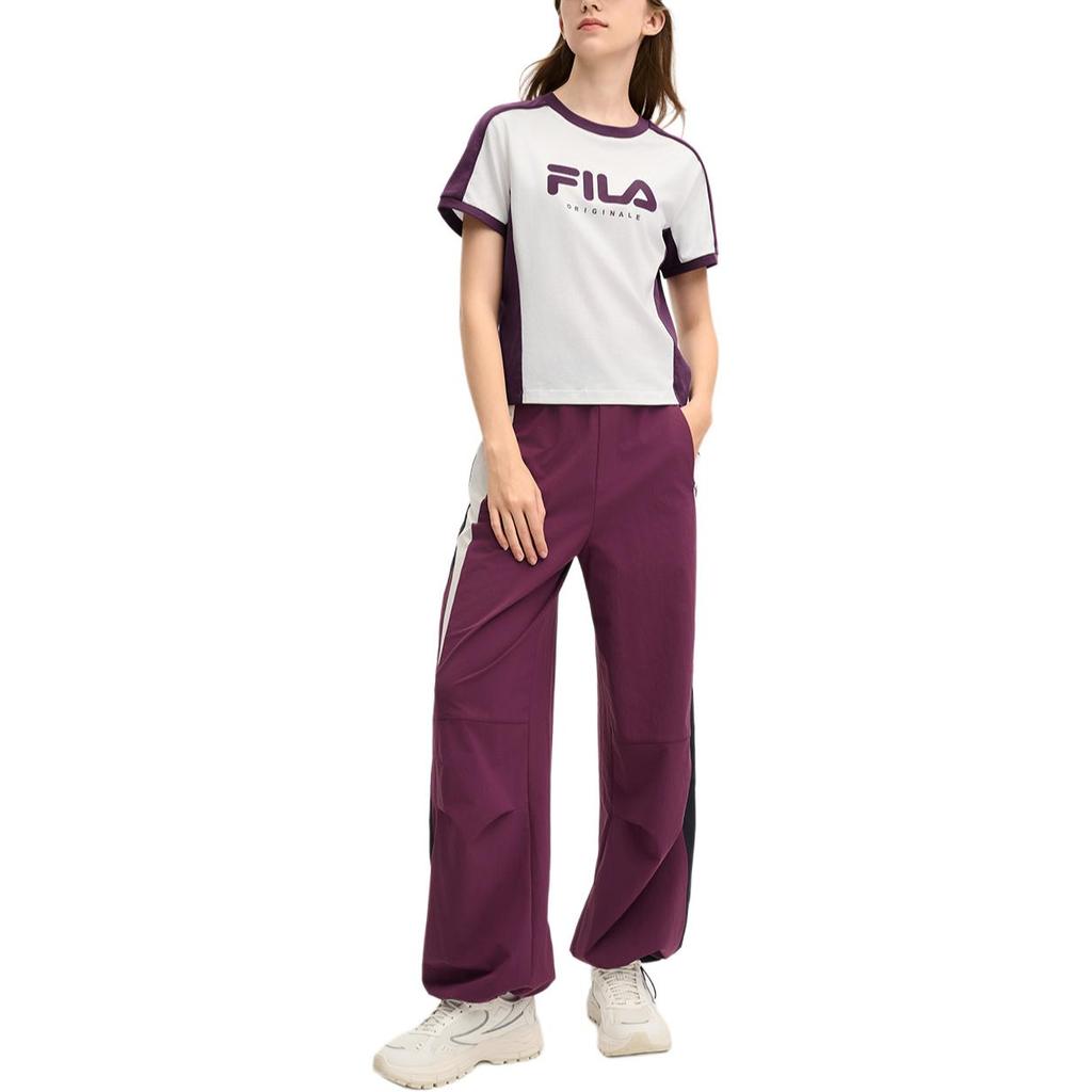 Fila Мода Колорблок Универсальная Вязаная Футболка с Коротким Рукавом Обычного Кроя Женские топы Облако-Гриб-Белый F11W519101FWT