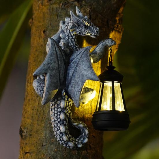 Светящаяся садовая статуя дракона-обнимашки с солнечным светом, средневековая скульптура дракона из смолы для декора двора на открытом воздухе, подарок любителям драконов