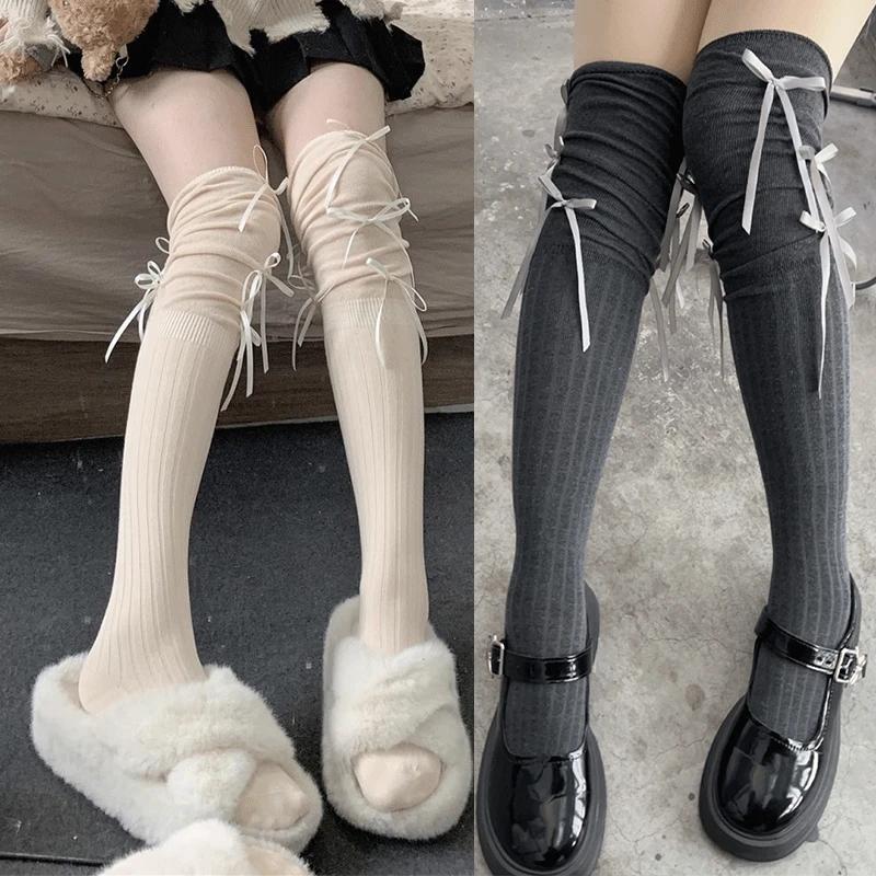 Lolita Long Socks Women Bandage Ribbon Bow Sweet Girls Kawaii Sexy Middle Tube Socks Ballet Style Solid Color Black White Socks